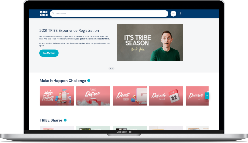 This is an image of the 2021 Tribe Experience Registration page inside a Searchie Hub! Tribe is an online Membership site for entrepreneurs. 