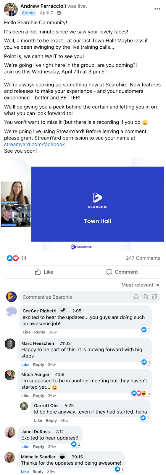 Searchie April Town Hall Replay in the Facebook group